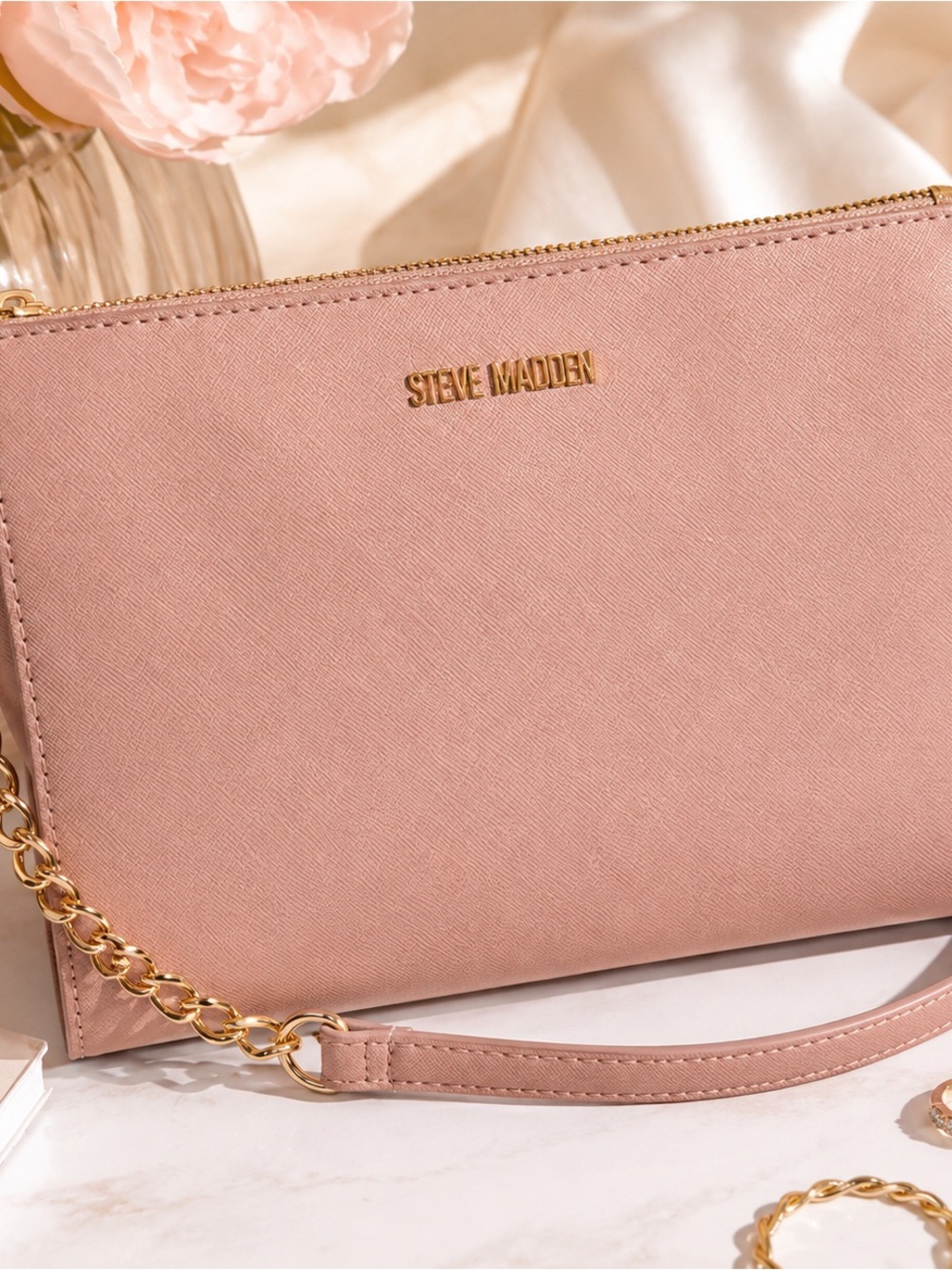 Steve Madden Blush Pink Saffiano Clutch with Gold Chain
